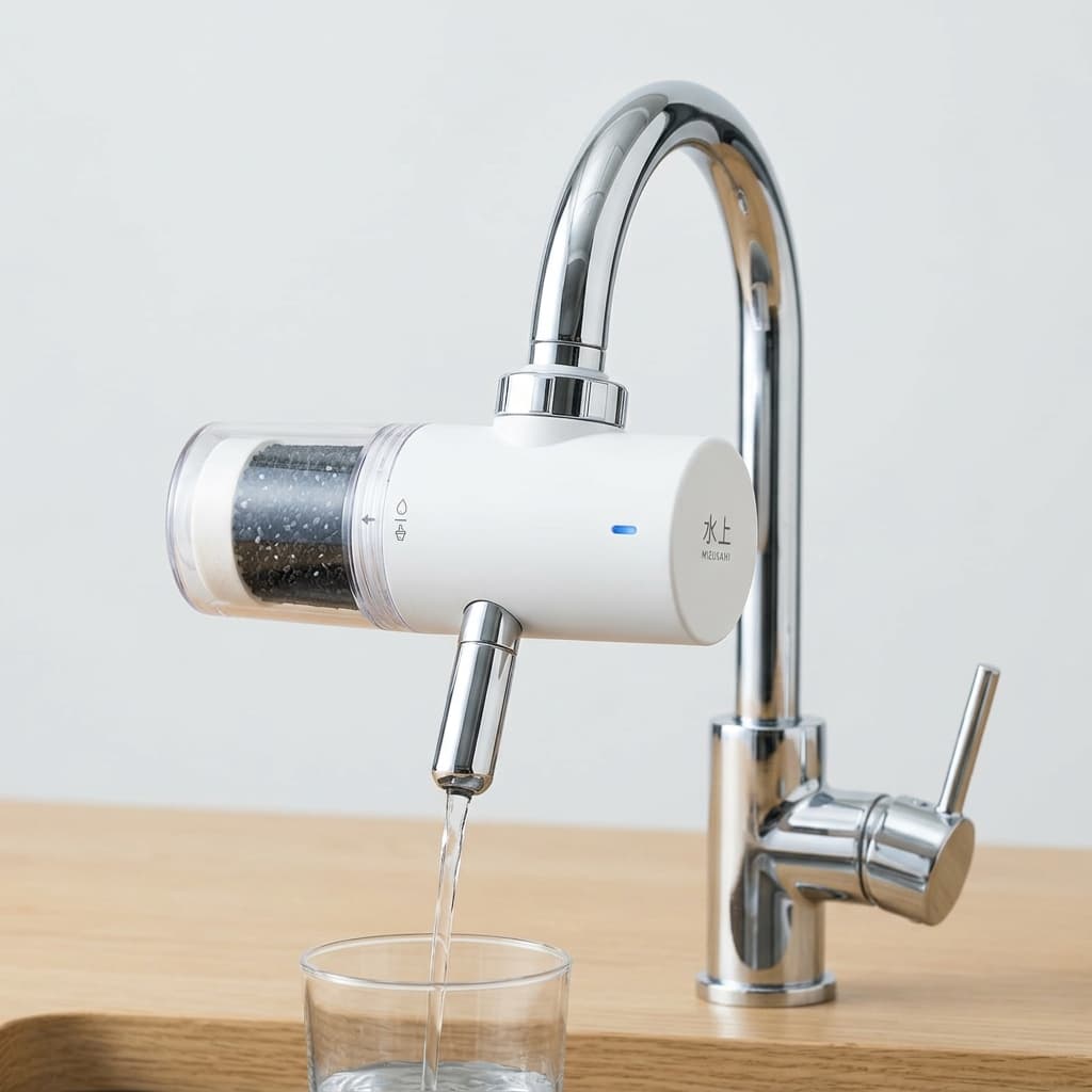 Torayvino faucet purifier mounted on a kitchen tap, pouring filtered water into a glass